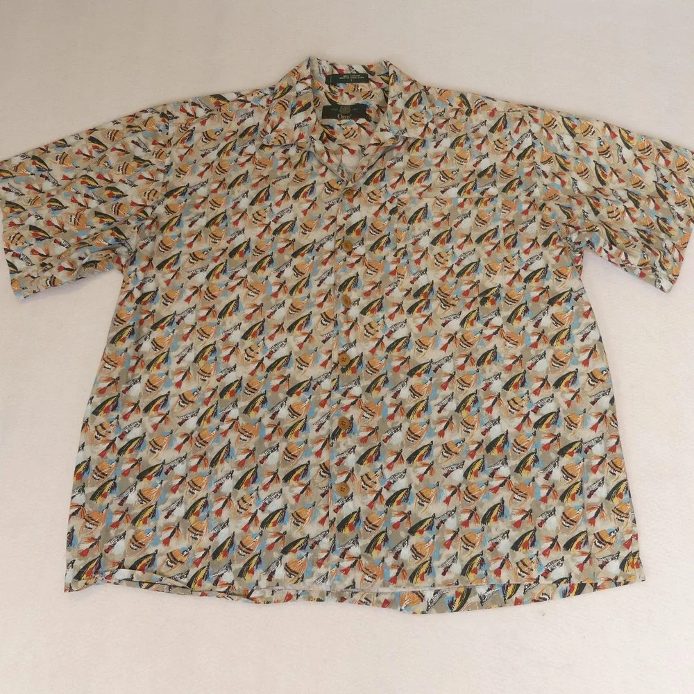 Orvis Fly Fishing All Over Print AOP Short‎ Sleeve Button Up Shirt Men's Large